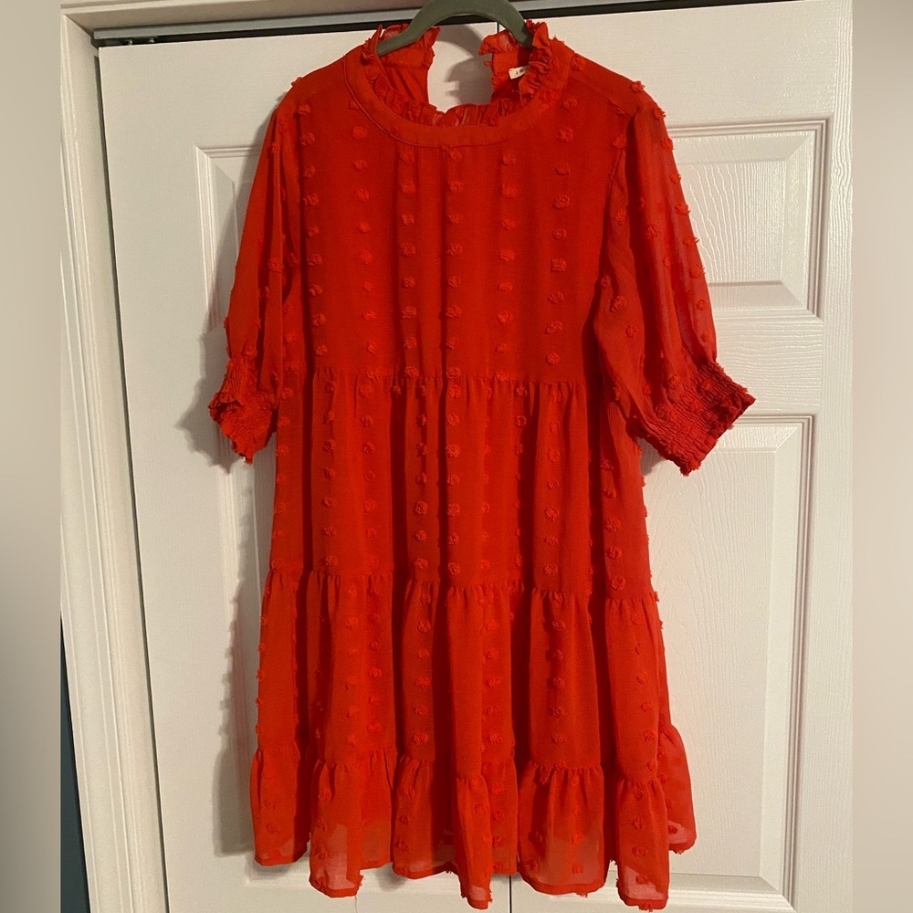 BRAND New Pink Blush Red Swiss Dot Tiered Maternity Dress- Size Small